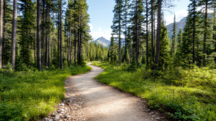 Serene forest trail winds through tall trees, surrounded by lush greenery and distant mountains
