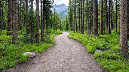 Fototapeta premium Wide angle view of forest trail surrounded by tall trees and lush greenery, inviting exploration