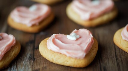 A close-up shot of a cookie with pink frosting