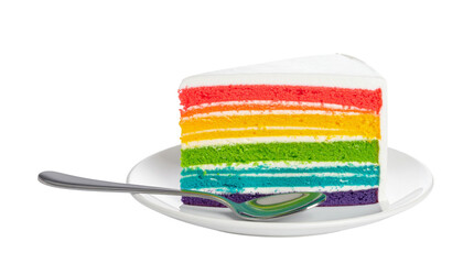 Delicious rainbow layer cake with white frosting and spoon isolated on solid white background in Png