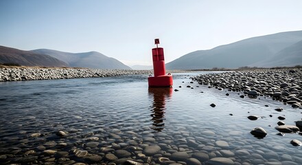 Red buoy in a clear river with rocky banks and mountains