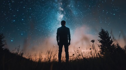 Fototapeta premium Silhouetted man gazing at a starry night sky.