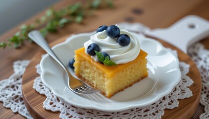 Moist orange cake square topped with whipped cream, fresh blueberries, and mint leaves.