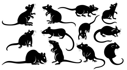 Rat silhouette. Black mice flat icons, wild and domestic rodent animal pictogram, laboratory lab pet and pest concept. Vector isolated collection