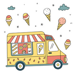 Yellow and coral ice cream van with colorful cones and clouds food truck dessert
