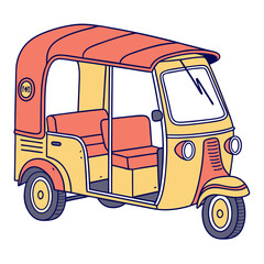 Yellow and coral three wheeled auto rickshaw with open doors vector