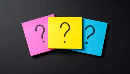 Set of three ? symbols, handwritten question mark on separate sticky notes with different colors isolated on black background,  yellow, pink, blue, sign, Faq, frequently asked questions