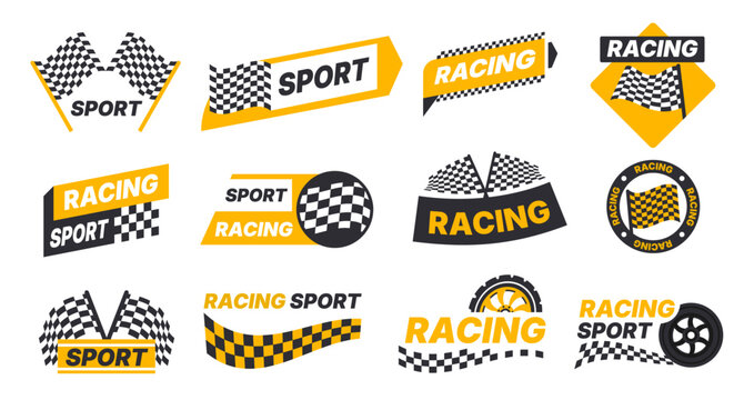 Racing checker logo. Speed car sport check sticker, checkered border stripe rally automobile badge flat cartoon style. Vector checking finish race logos set