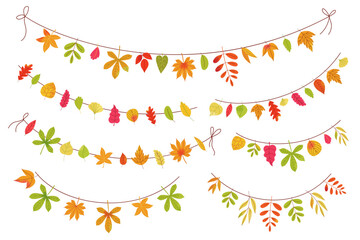 Autumn leaves garland. Fall decorative border string with colorful leaf of wood and garden trees, seasonal autumn festival elements. Vector garlands isolated set