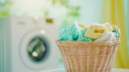 Wicker overflowing basket a with colorful clothes in a modern laundry room with laundry washing machine and daffodils