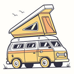 Yellow pop top camper van with birds flying white orange