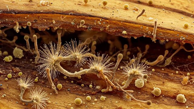 Fungal ecosystem under a microscope showing multiple species competing for space on a decomposing banana peel
