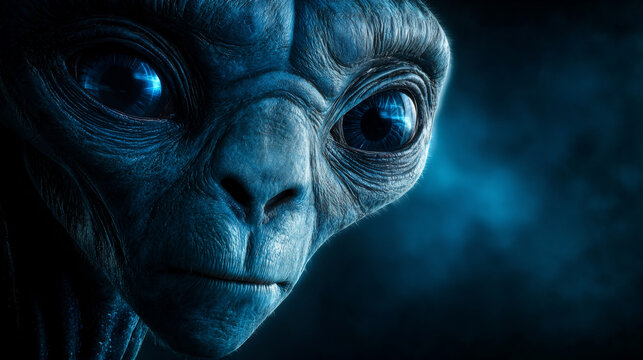 Close up portrait of alien creature with large glowing blue eyes. Extraterrestrial being with textured skin and mysterious expression.