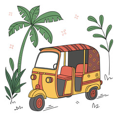 Yellow three wheeled auto rickshaw with red seats and striped canopy three wheeled vehicle