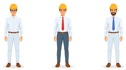 A professional male construction engineer character wearing a yellow safety helmet, light blue shirt, red tie, and formal trousers, standing confidently with a neutral white background.