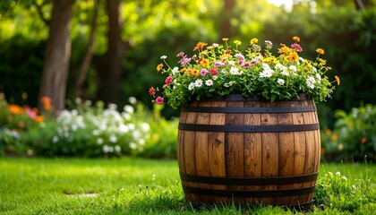 Wooden barrel planter filled with colorful flowers in a garden setting