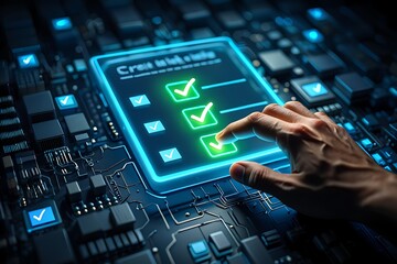Close up of a human finger interacting with a futuristic digital interface displaying a checklist with glowing green checkmarks on a dark circuit board background
