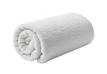 A soft, fluffy white towel rolled up neatly, isolated on a transparent background