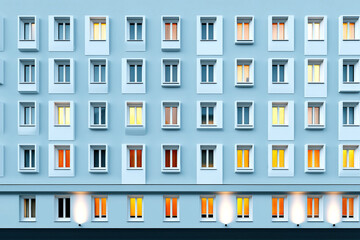 Colorful building facade, multiple doors and windows in a vibrant pattern, showcasing urban architecture and design elements.