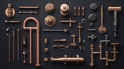 Fototapeta premium Flat lay of copper plumbing parts on dark background.