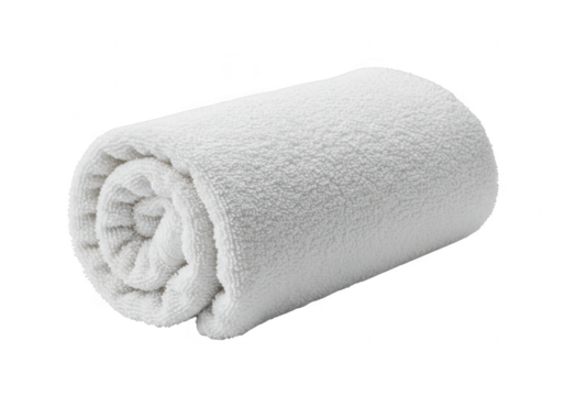 A soft, fluffy white towel rolled up neatly, isolated on a transparent background
