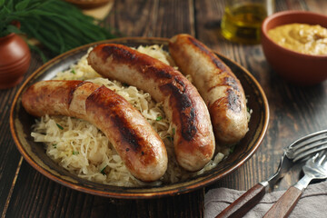 A bowl with Bratwurst and Sauerkraut as side dish - traditional German food