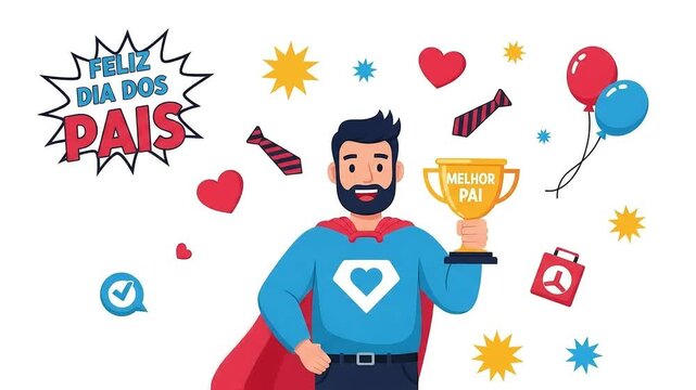 Animated "Feliz Dia dos Pais" Celebration: Superhero Dad with Trophy and Festive Elements