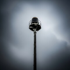 A tall, metallic navigation beacon stands against a dramatic, overcast sky, isolated.