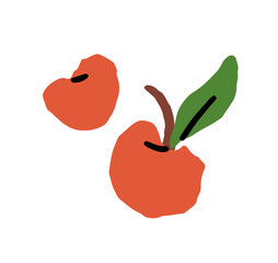 Icon of ripe red apples. Fresh farm fruit with green leaves. Organic garden crop, natural orchard harvest. Healthy food, juicy snack. Flat isolated hand drawn vector illustration on white background