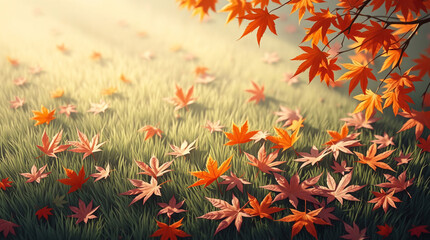Vibrant fallen maple leaves scattered across dewy grass under warm morning light in early autumn season