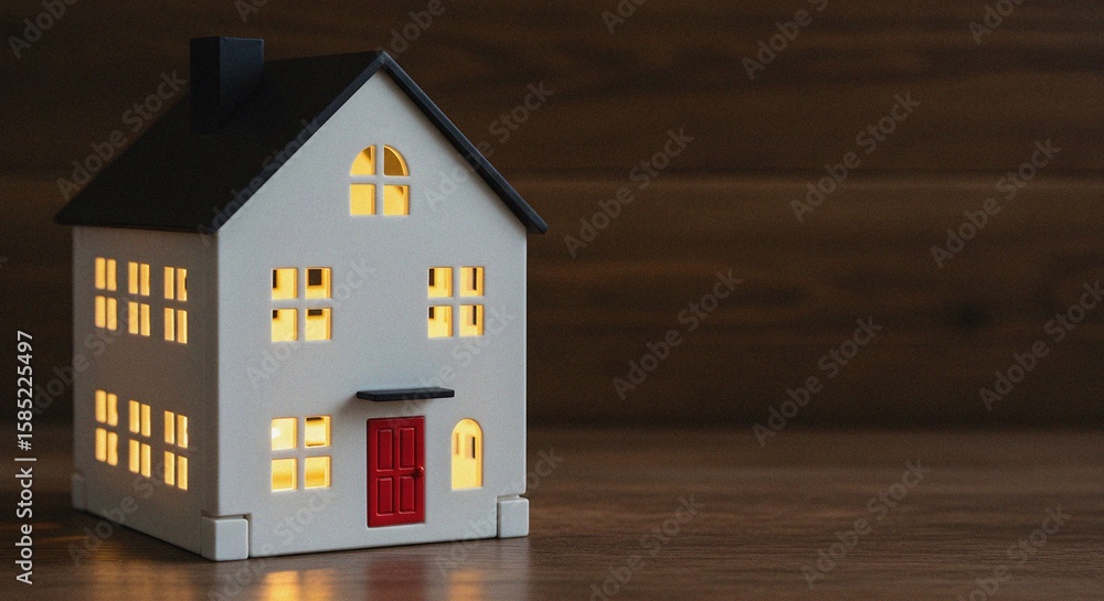 Poster miniature house with glowing windows set on a wooden surface.