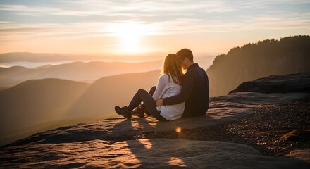 Romantic couple watching a sunrise over misty mountains