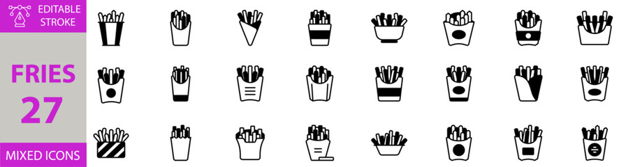 Fries icon set. Editable vector of fries, potato, snack, food, fastfood, crispy, golden, chips, salt, ketchup, basket, takeaway, frenchfries, fried, delicious, tasty, oil, crunchy and more icons.