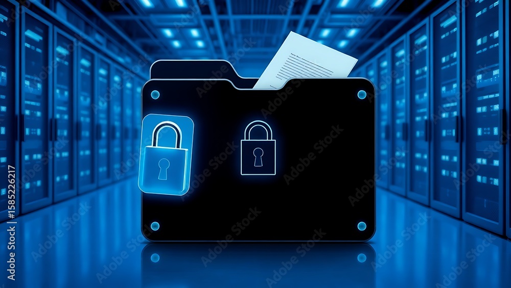 Poster a folder with two padlocks is in a server room