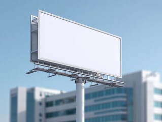 Obraz premium Blank billboard standing tall against a clear blue sky with modern buildings in the background, ideal for advertising campaigns and urban promotions.