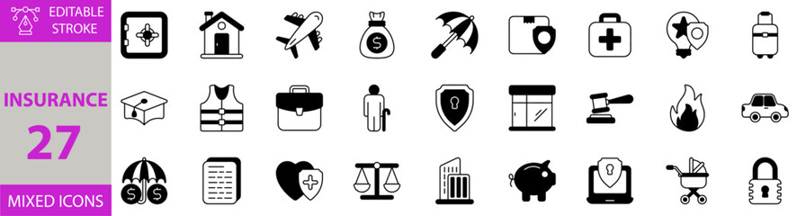 Insurance icon set. Editable vector of insurance, icon, set, protection, safety, shield, security, policy, coverage, risk, finance, money, contract, claim, guard, shielded, health, life and more icons