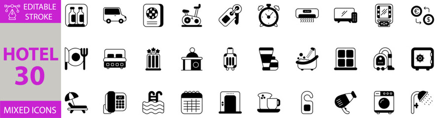 Hotel icon set. Editable vector of hotel, travel, room, lodging, bed, reservation, building, checkin, accommodation, reception, tourism, service, icon, set, vacation, stay, hospitality, booking icons.