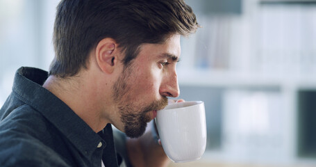 Businessman, thinking and drinking with coffee in office for morning beverage or caffeine. Man,...