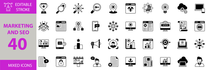 Marketing and seo icon set. Editable vector of marketing, seo, digital, online, strategy, analytics, business, internet, optimization, branding, social, media, search, content, keyword icons.