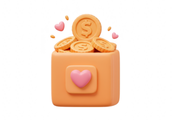 A 3d illustration of a donation box overflowing with golden coins and hearts isolated on transparent background