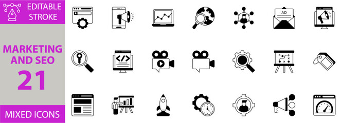 Marketing And Seo icon set. Editable vector of marketing, seo, search, optimization, digital, analysis, strategy, ranking, content, keyword, advertising, promotion, growth, traffic and more icons.