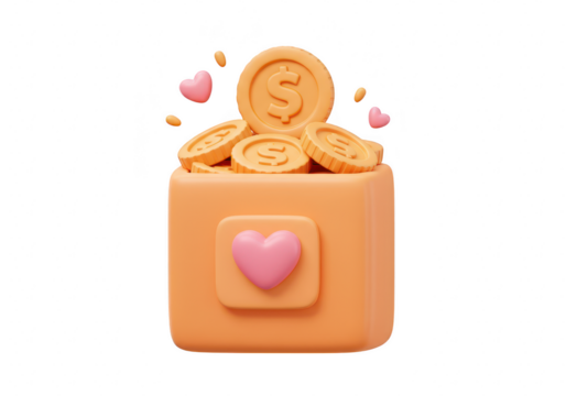 A 3d illustration of a donation box overflowing with golden coins and hearts isolated on transparent background - Powered by Adobe