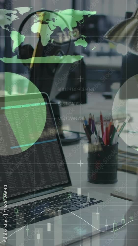 Poster animation of financial data processing over caucasian businesswoman using computer in office