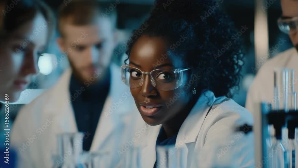 Poster three scientists in a lab, focused on analysis of samples.