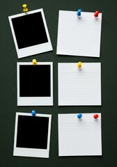 A dark green board displays three blank instant photos and three lined notepads with colorful pins