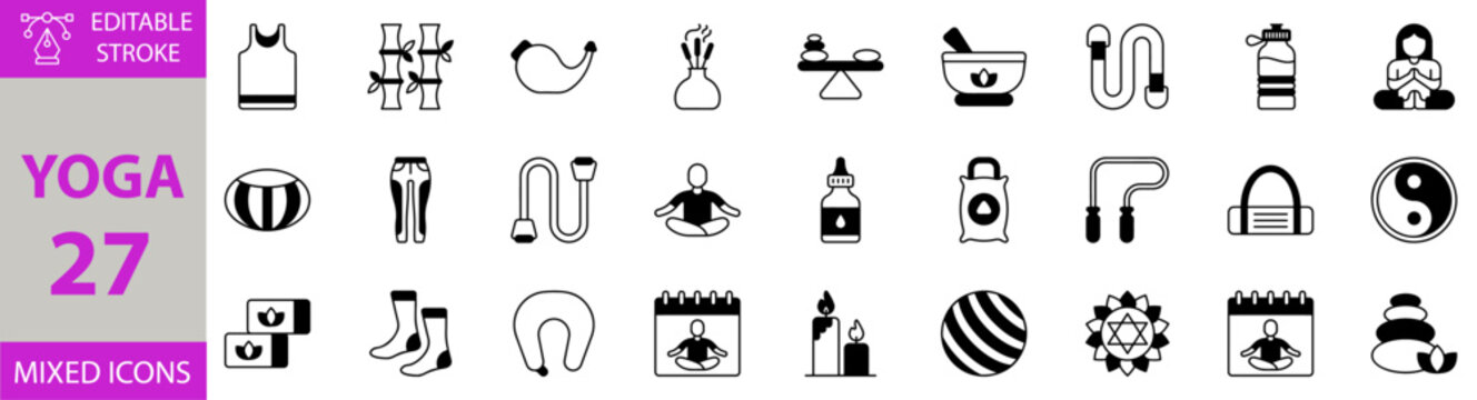 Yoga icon set. Editable vector of hot stones, candle, anahata, yoga ball, schedule, neck pillow, socks, zafu, yin yang, yoga mat, jump rope, sandbag, yoga, strap, incense, neti, bambo and more icons.