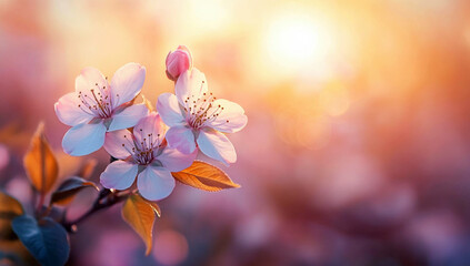 Vibrant pink blossoms bloom on a slender branch, capturing the essence of springtime with soft pastel hues and intricate floral details