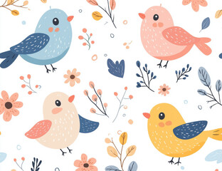 Fototapeta premium Colorful birds perching on delicate branches forming elegant, repeating pattern perfect for nature-themed designs