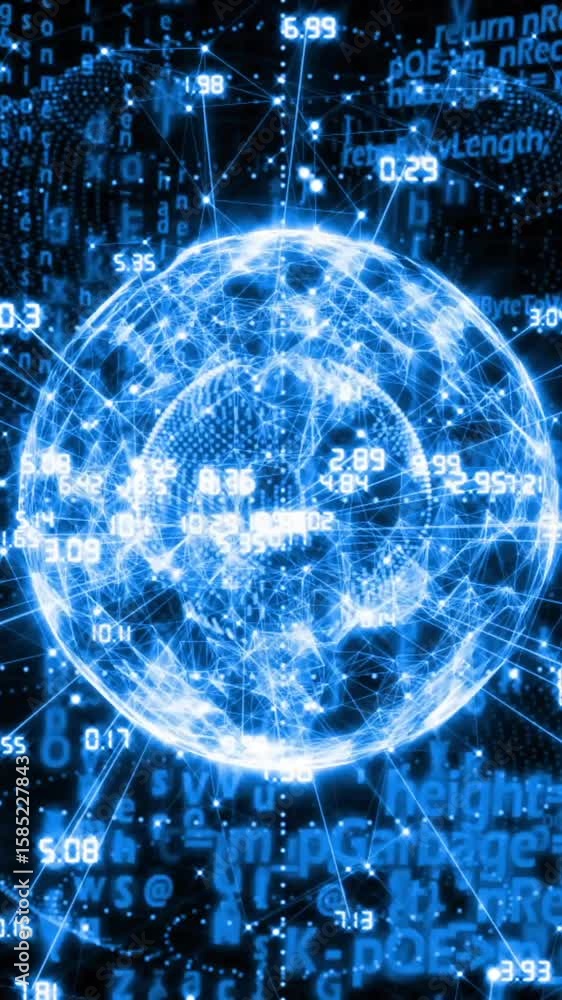 Poster animation of network of connections and data processing over globe