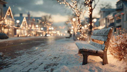 Snow is gently falling on an empty bench at dusk in a cozy town decorated with christmas lights